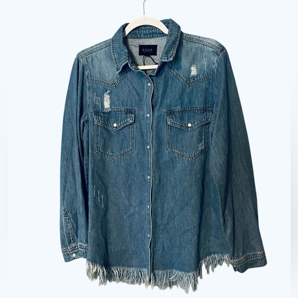 Risen Distressed Raw Hem Denim Western Button Down Shirt